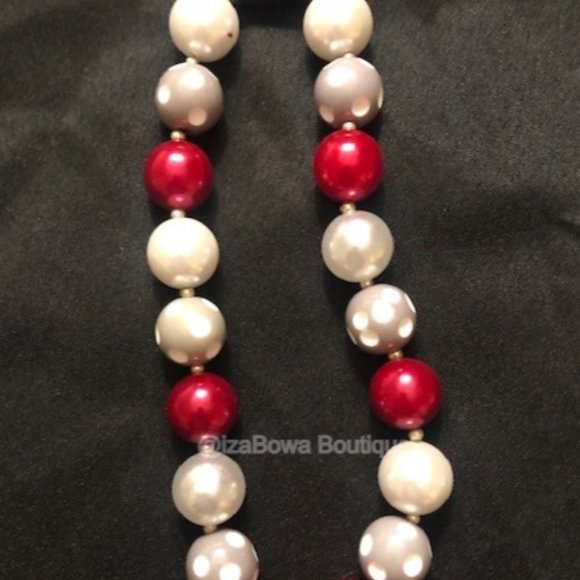 Grey Polka Dot, Red & White Chunky Bead Necklace HAND CRAFTED